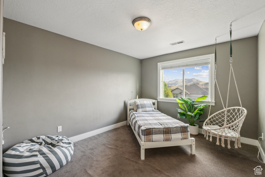 Carpeted bedroom featuring a textured ceiling