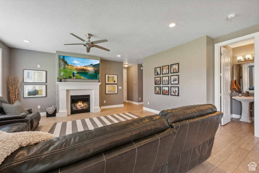 Living room with a textured ceiling, ceiling fan, sink, and light wood-type flooring