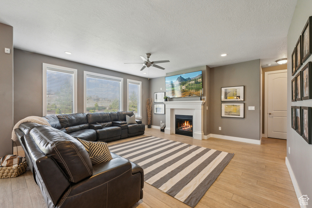 Living room featuring ceiling fan, light hardwood / wood-style floors, and a textured ceiling