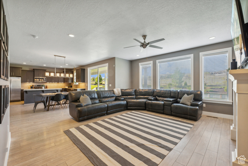 Living room featuring light wood-type flooring, ceiling fan, and a textured ceiling