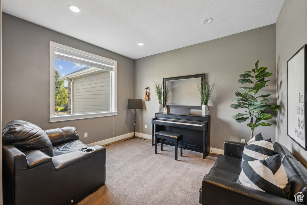 Living room with light carpet