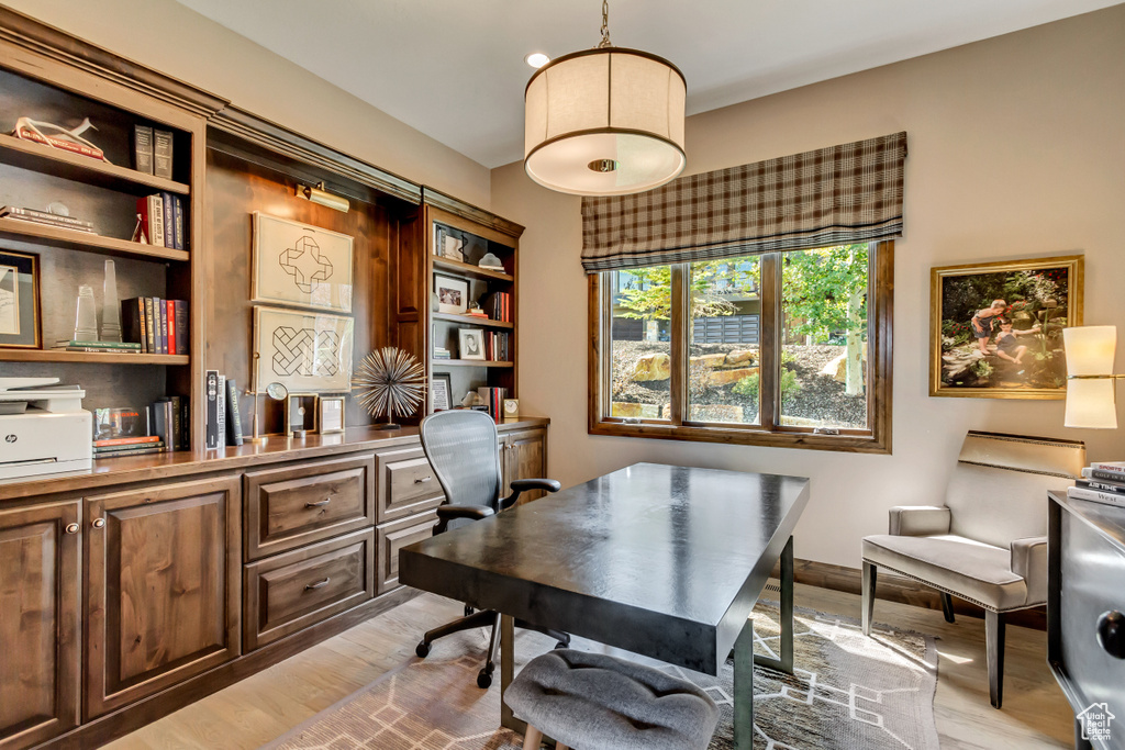 Office space with light hardwood / wood-style flooring