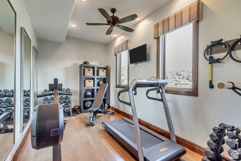 Exercise area with plenty of natural light, ceiling fan, and light wood-type flooring