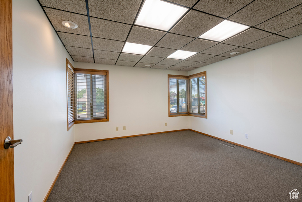 Carpeted empty room with a healthy amount of sunlight and a drop ceiling