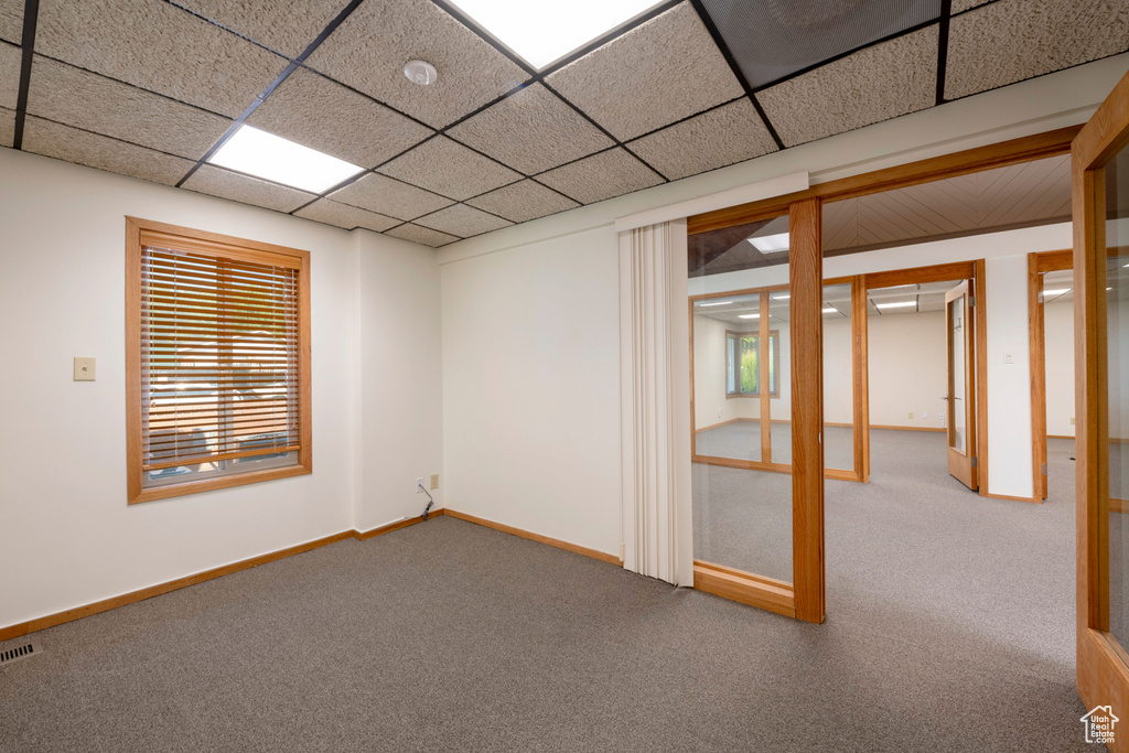 Empty room featuring a paneled ceiling and carpet flooring
