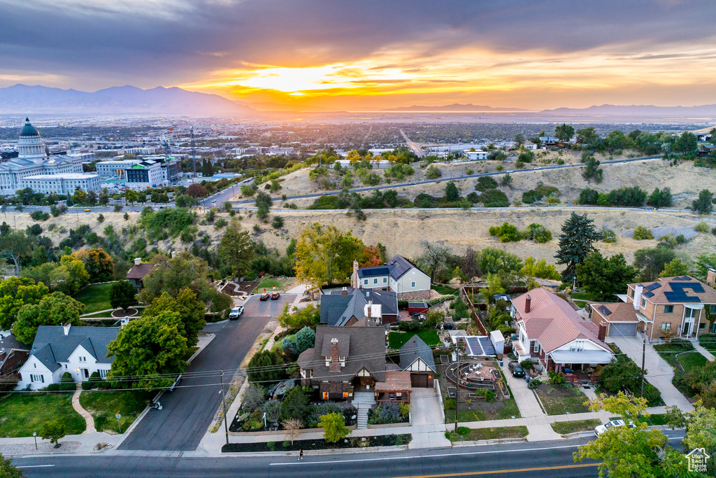 Aerial view at dusk with a mountain view