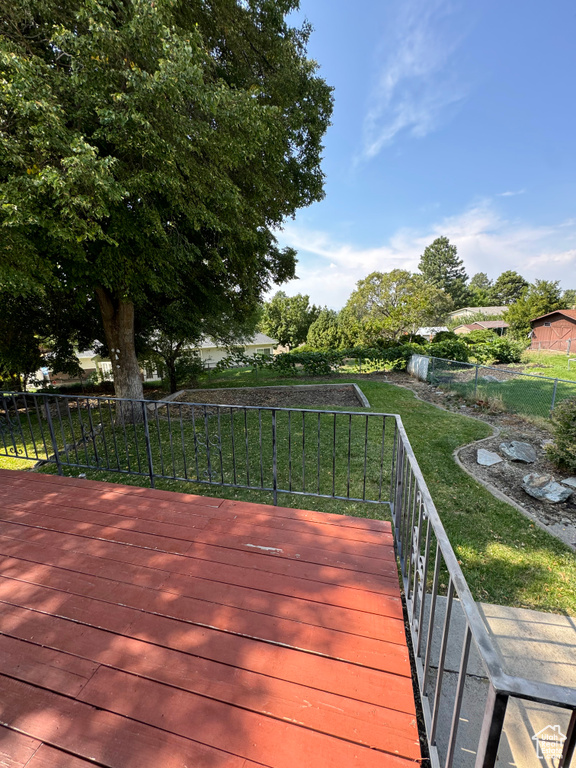 Wooden deck featuring a yard