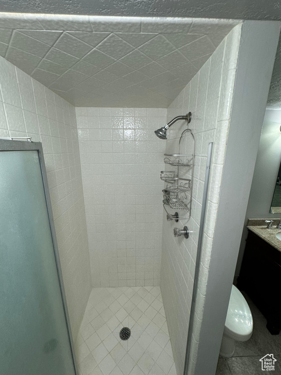 Bathroom featuring vanity, toilet, and a shower with door