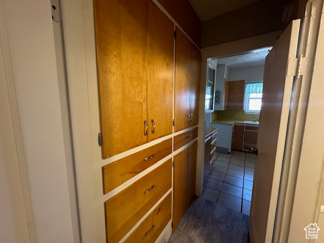 Corridor featuring dark tile patterned floors and sink