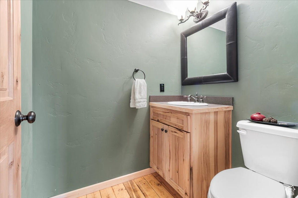 Bathroom featuring vanity, toilet, and wood-type flooring