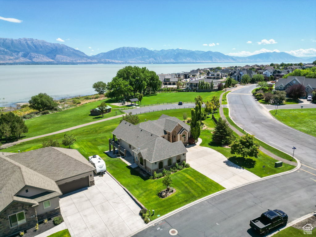 Aerial view featuring a water and mountain view