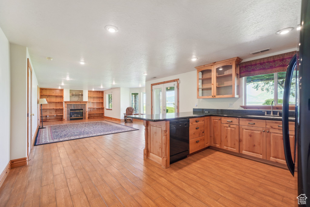 Kitchen with a healthy amount of sunlight, a fireplace, light hardwood / wood-style floors, and black dishwasher