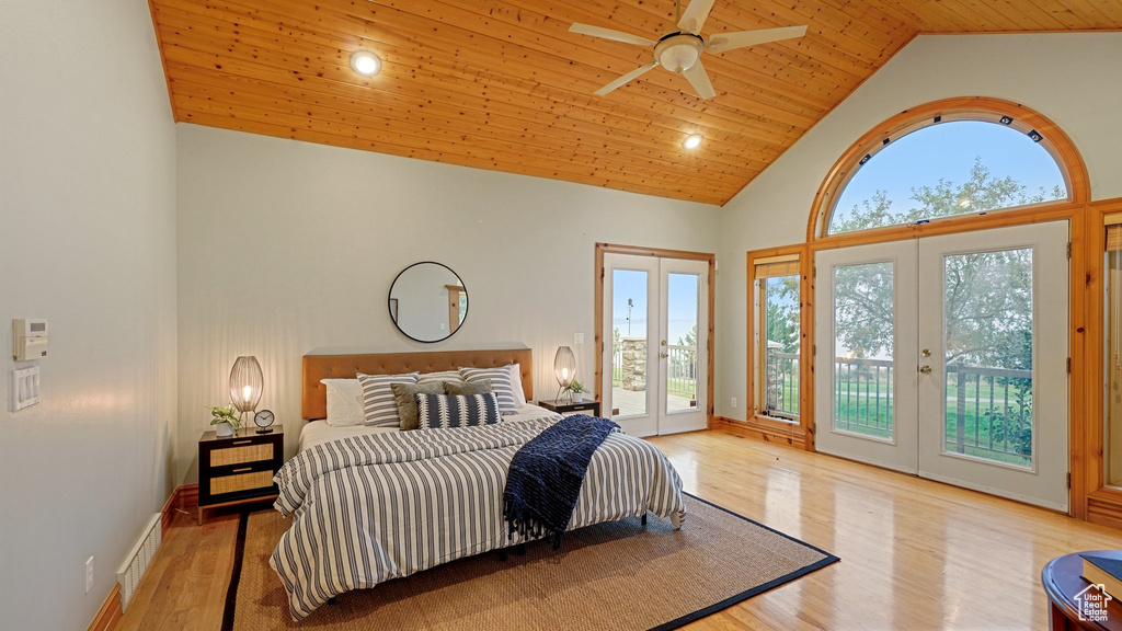 Bedroom featuring access to exterior, wooden ceiling, french doors, and light hardwood / wood-style floors