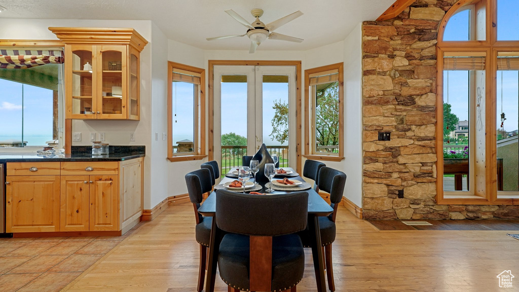 Dining area with a wealth of natural light, light hardwood / wood-style flooring, and ceiling fan