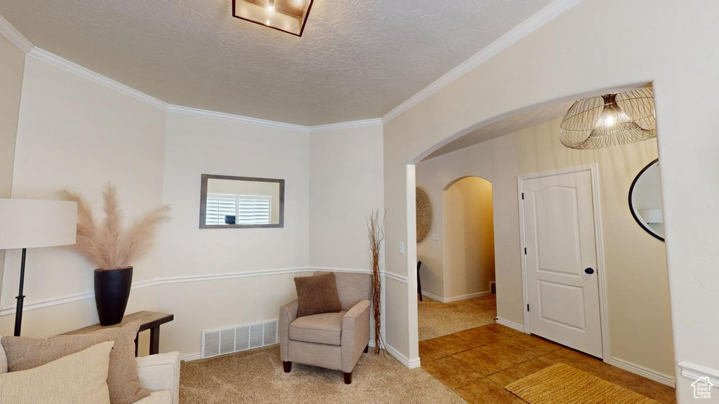 Sitting room featuring a textured ceiling, light colored carpet, and ornamental molding