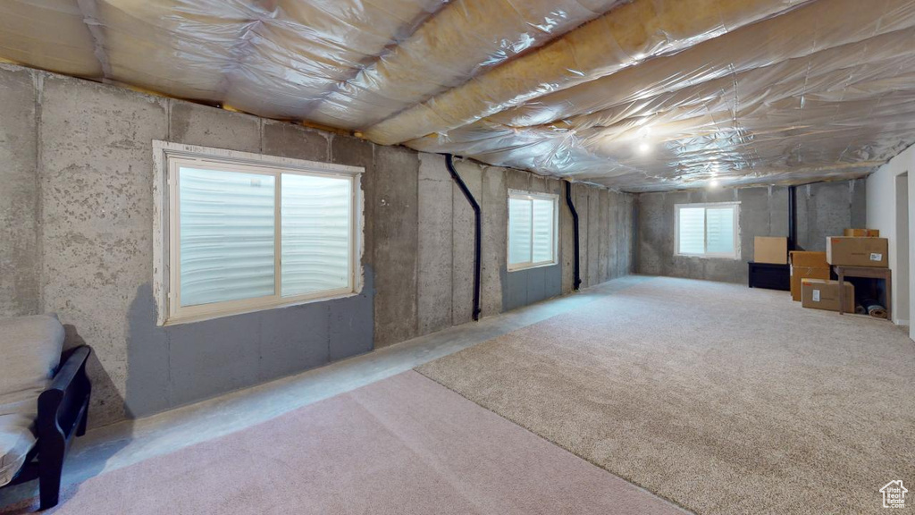 Basement with carpet flooring