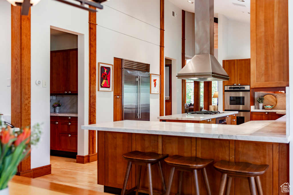 Kitchen featuring stainless steel appliances, island range hood, a towering ceiling, decorative backsplash, and light wood-style flooring
