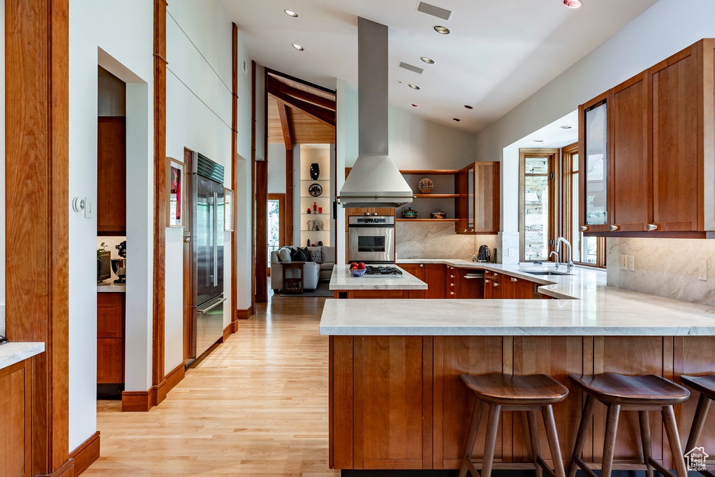Kitchen featuring stainless steel appliances, a sink, vaulted ceiling, backsplash, and light wood-style floors
