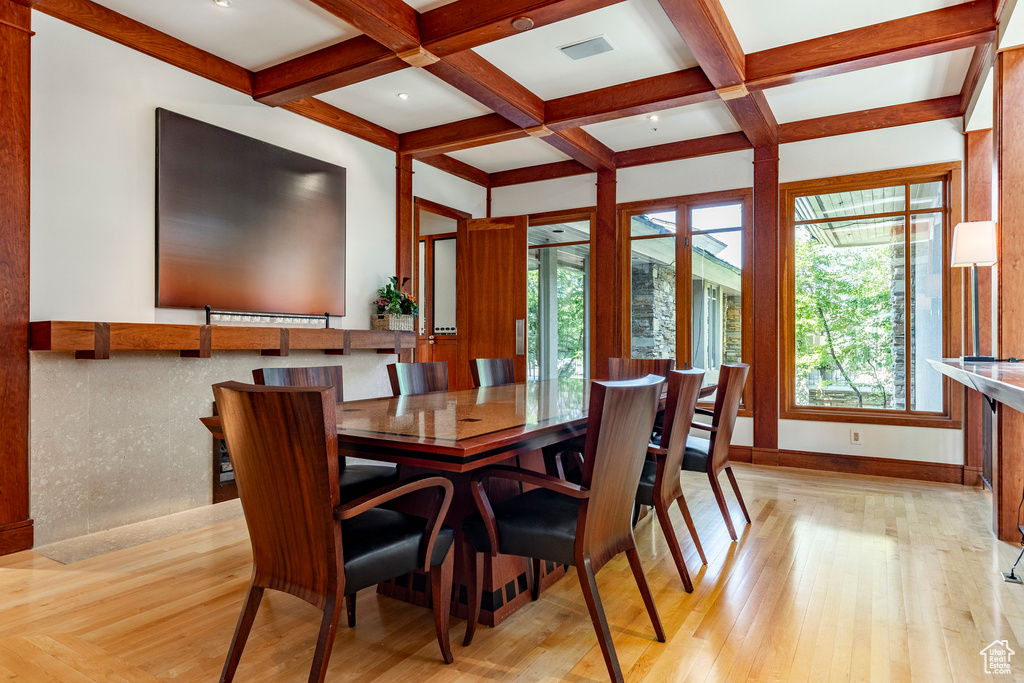 Dining room featuring baseboards, visible vents, beam ceiling, coffered ceiling, and wood finished floors