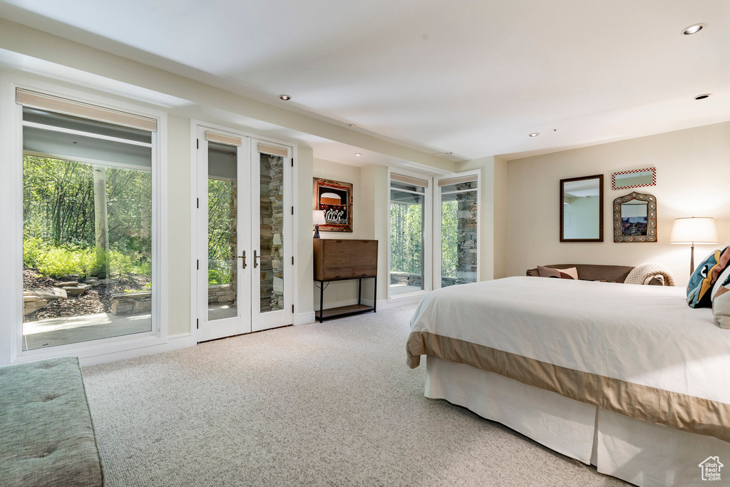 Bedroom with access to exterior, carpet flooring, and multiple windows