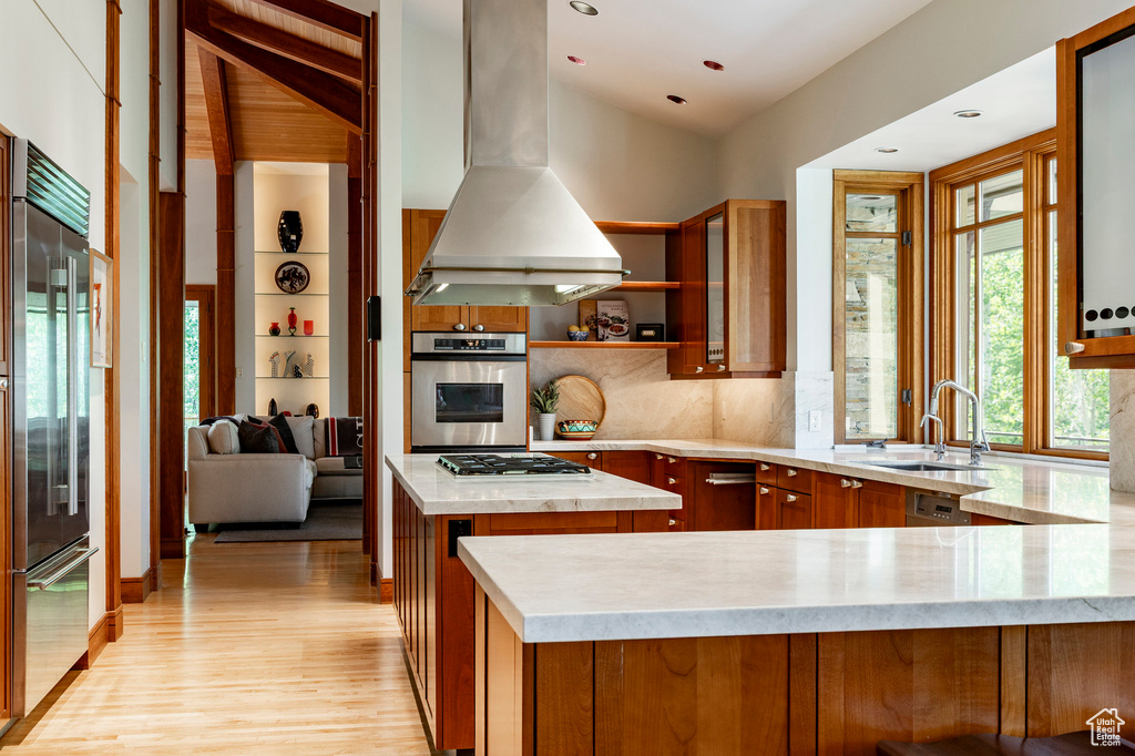 Kitchen featuring appliances with stainless steel finishes, island exhaust hood, light wood finished floors, brown cabinets, and open shelves