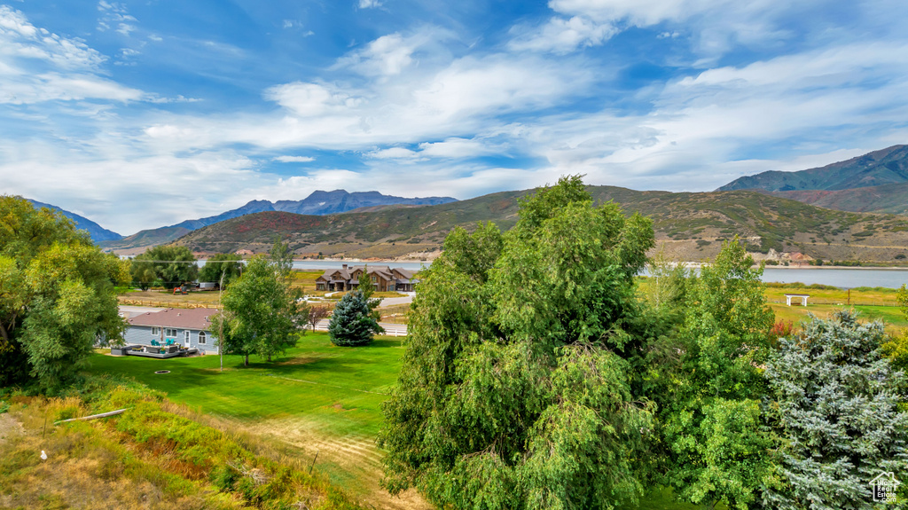 Mountain view featuring a water view