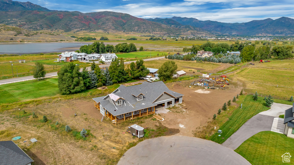 Bird\'s eye view featuring a water and mountain view