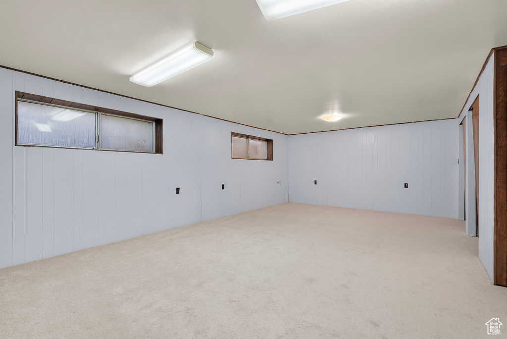 Basement with light carpet and wooden walls