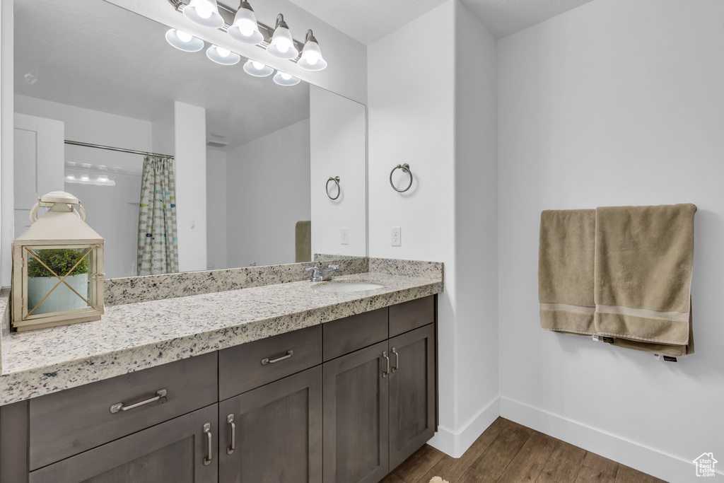 Bathroom featuring a shower with curtain, wood-type flooring, and vanity