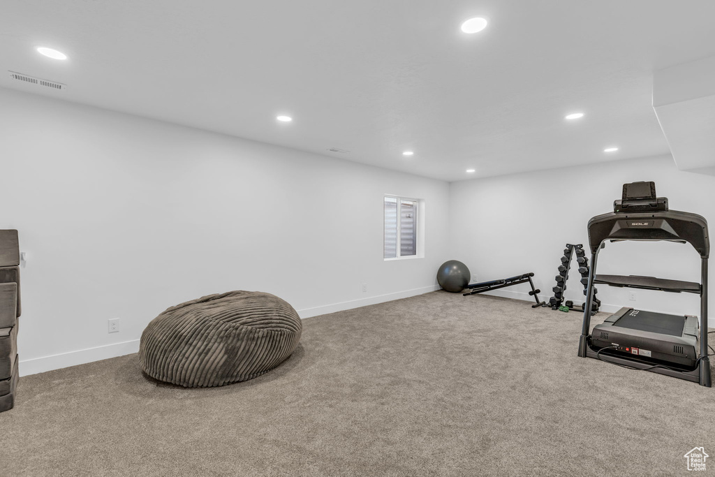 Workout room featuring carpet