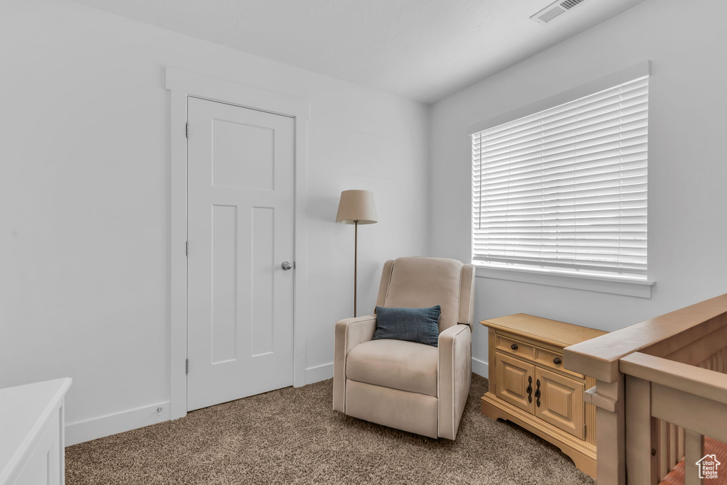 Living area with light colored carpet