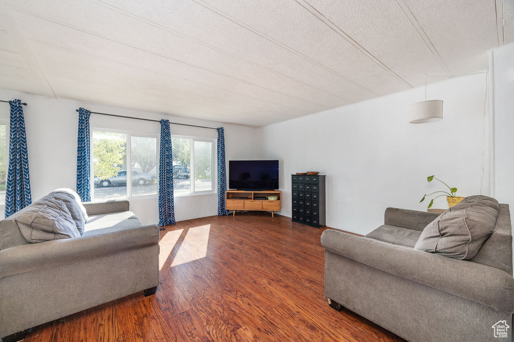 Living room with a textured ceiling and hardwood / wood-style floors