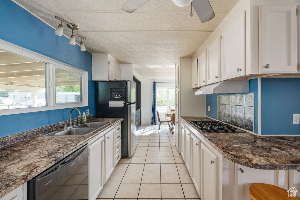 Kitchen featuring black appliances, ceiling fan, a wealth of natural light, and white cabinetry