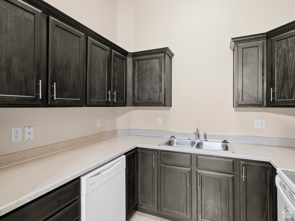 Kitchen with white appliances and sink