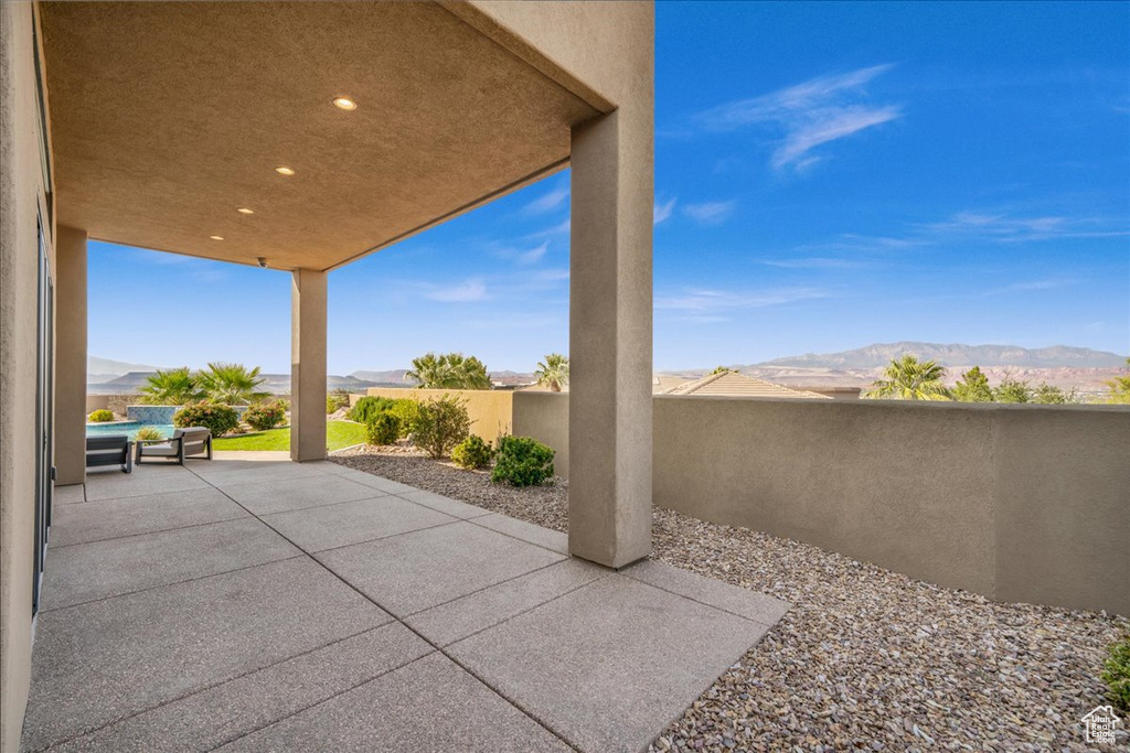 View of patio featuring a mountain view