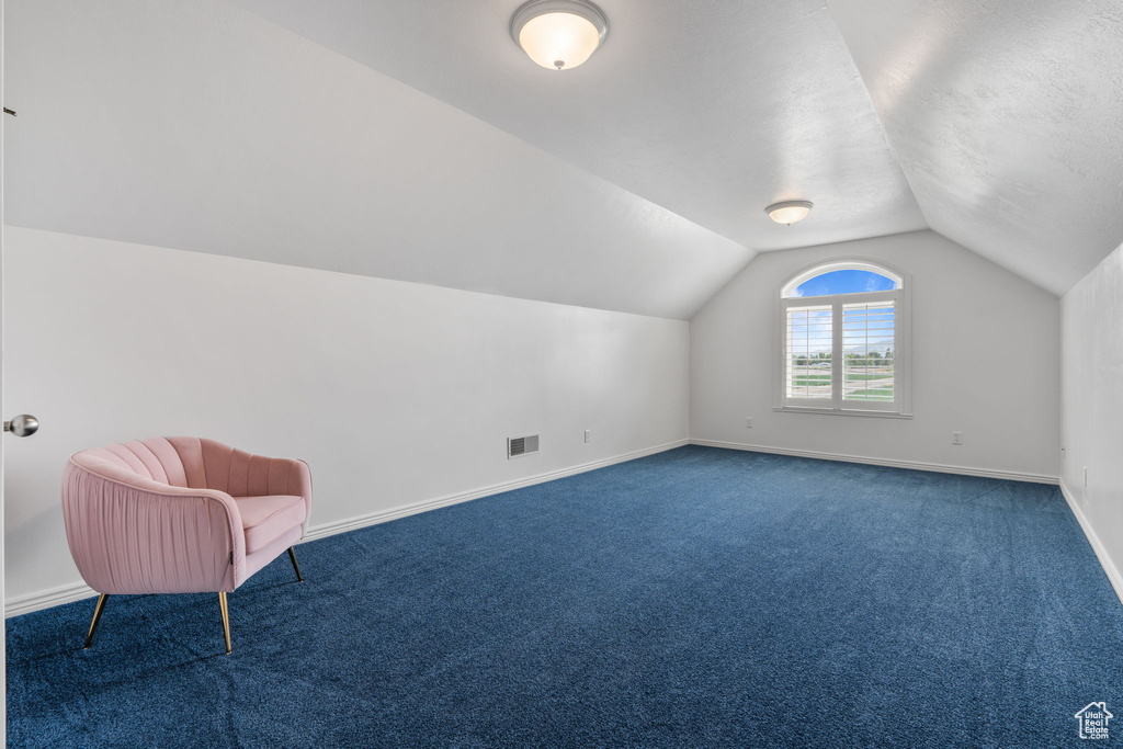 Bonus room with lofted ceiling, dark colored carpet, and a textured ceiling