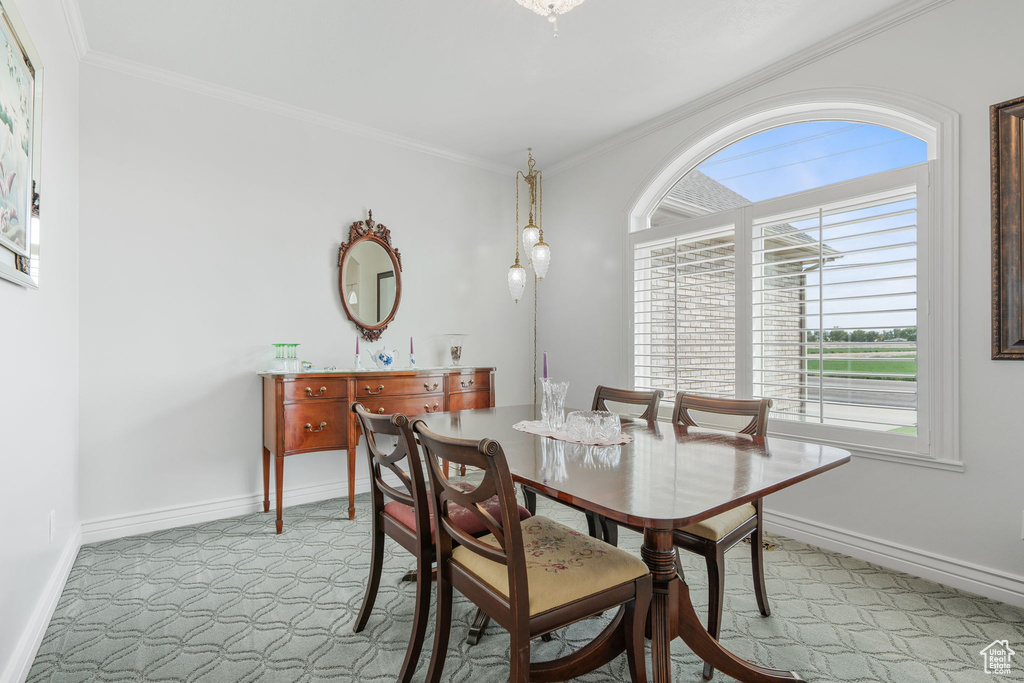 Dining room with light carpet and crown molding