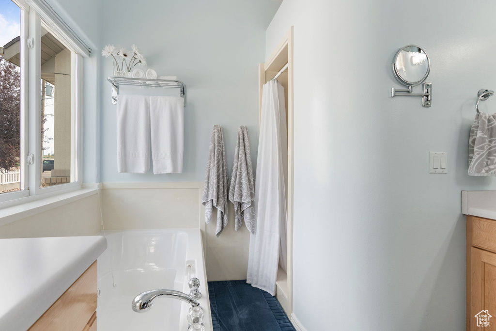 Bathroom with plenty of natural light, separate shower and tub, and vanity