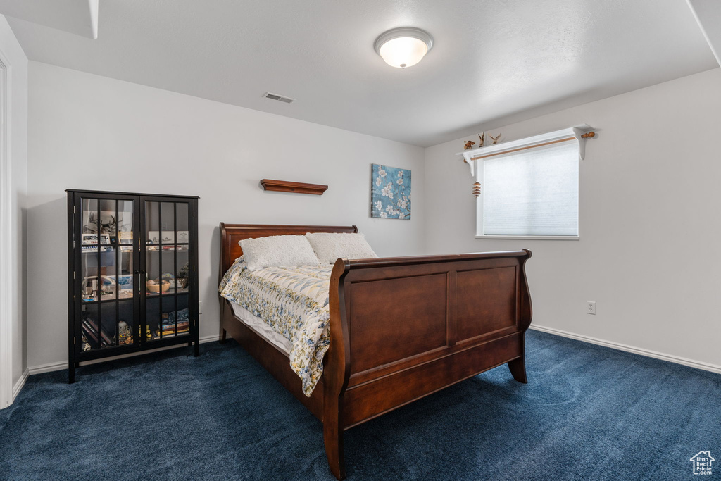 Bedroom with dark carpet