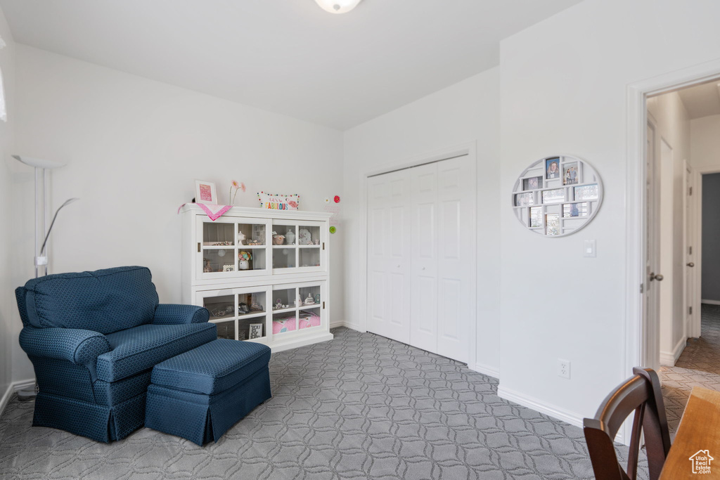 Sitting room featuring dark carpet