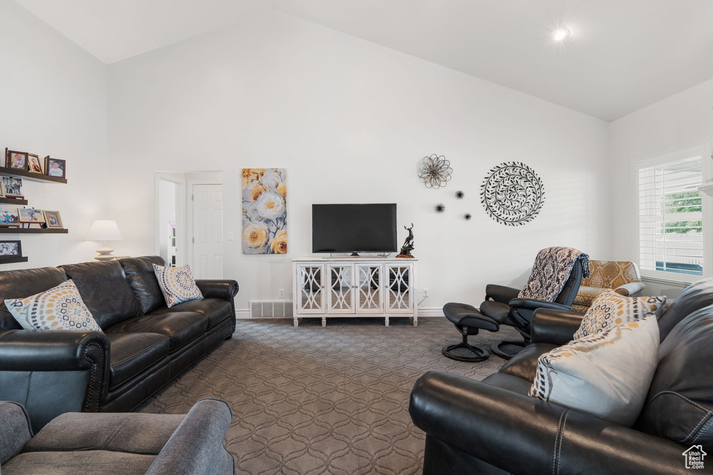 Living room featuring high vaulted ceiling and dark colored carpet