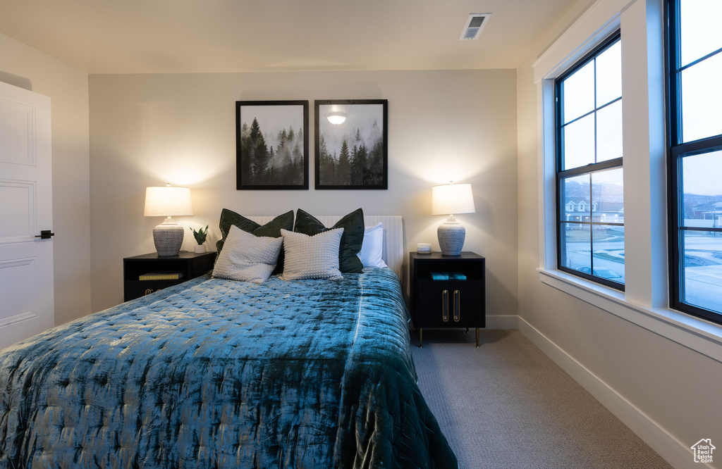 Bedroom featuring carpet floors and multiple windows