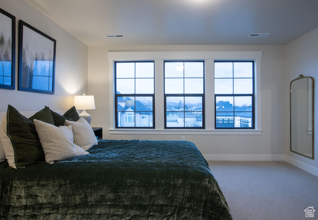 Bedroom featuring multiple windows and carpet