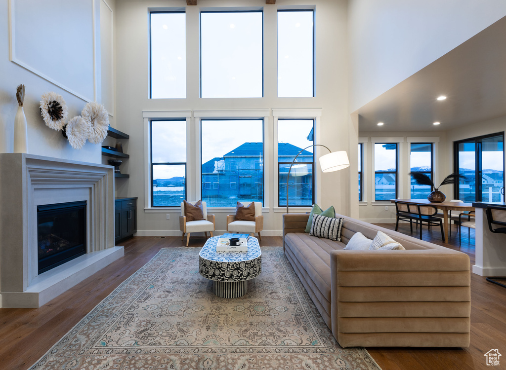 Living room featuring hardwood / wood-style flooring and a high ceiling