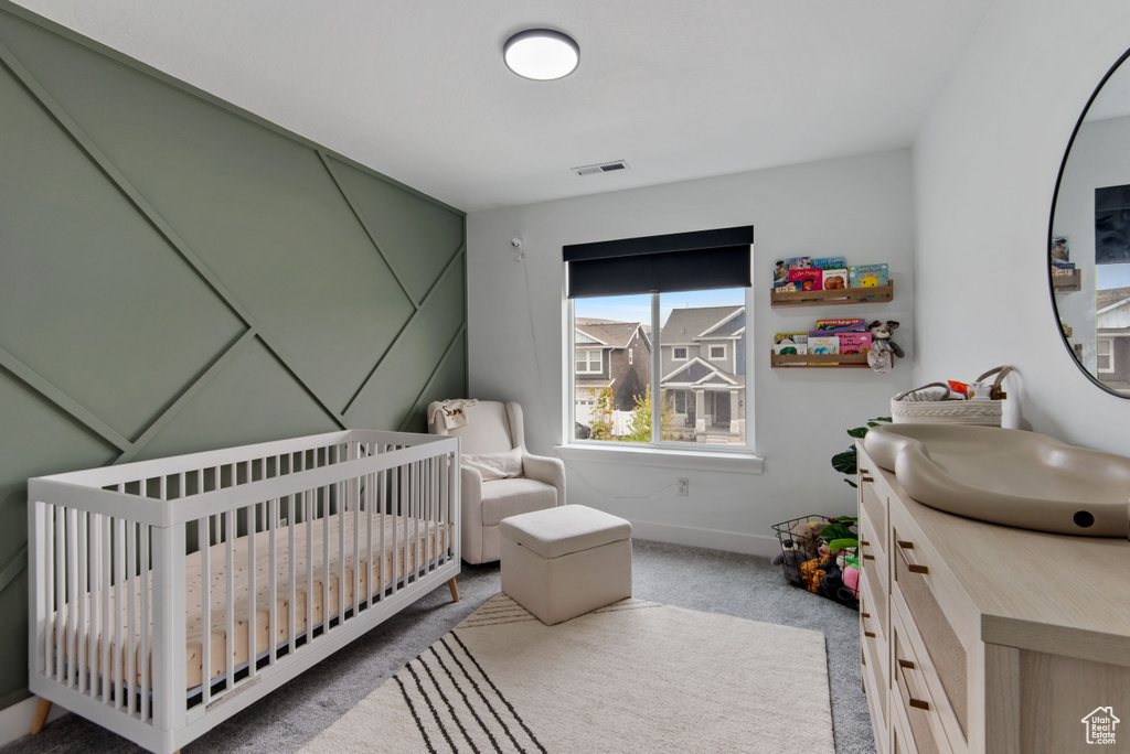 Carpeted bedroom featuring a crib and sink