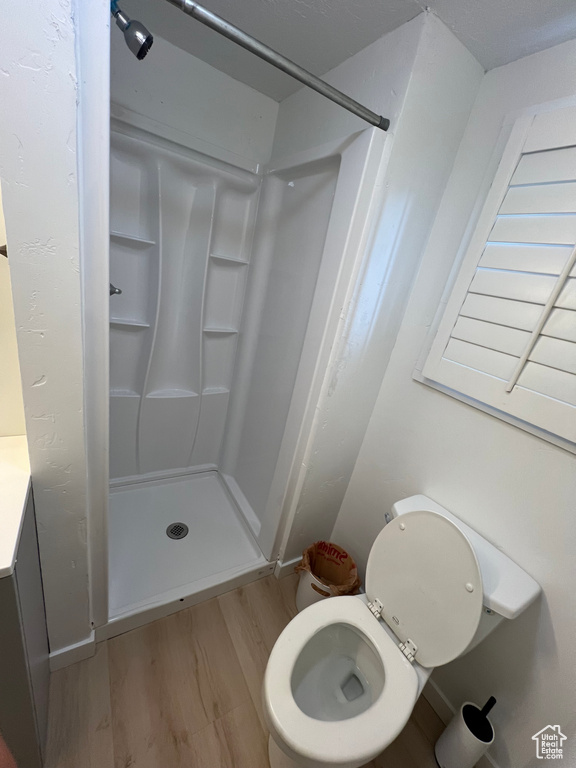 Bathroom featuring a shower, wood-type flooring, toilet, and vanity