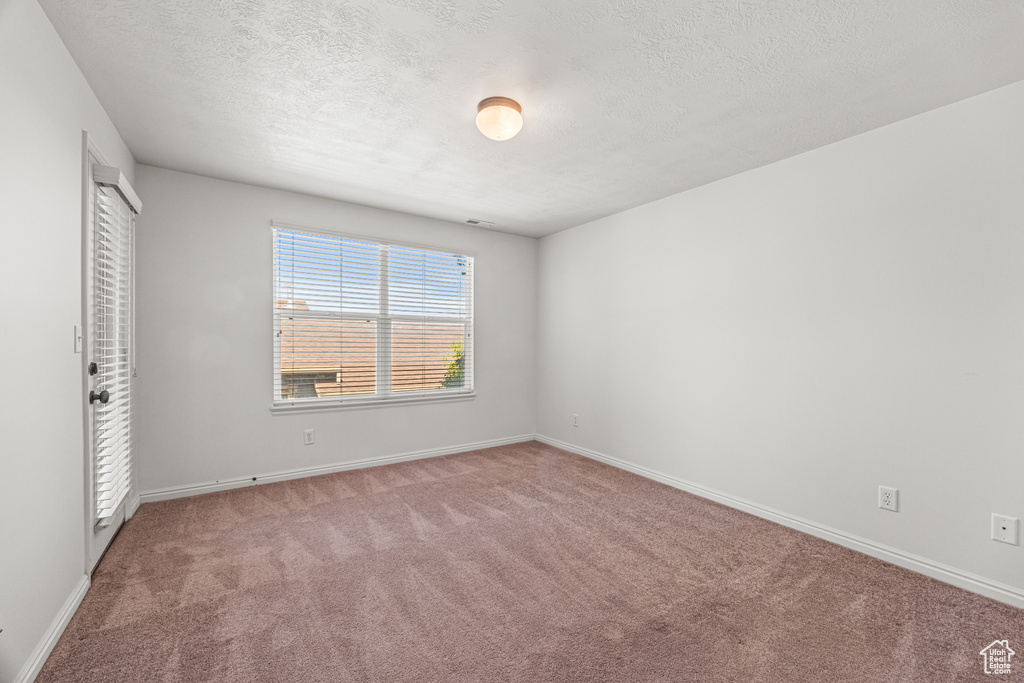 Interior space featuring light carpet and a textured ceiling