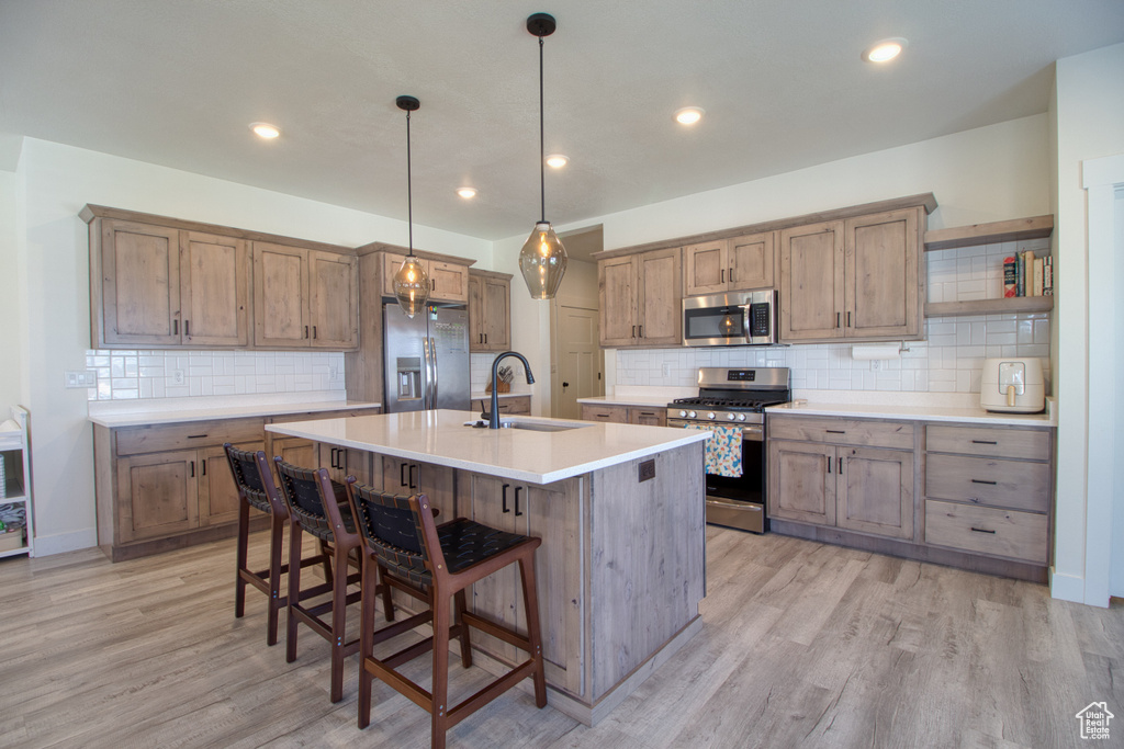 Kitchen featuring light hardwood / wood-style flooring, backsplash, hanging light fixtures, stainless steel appliances, and sink