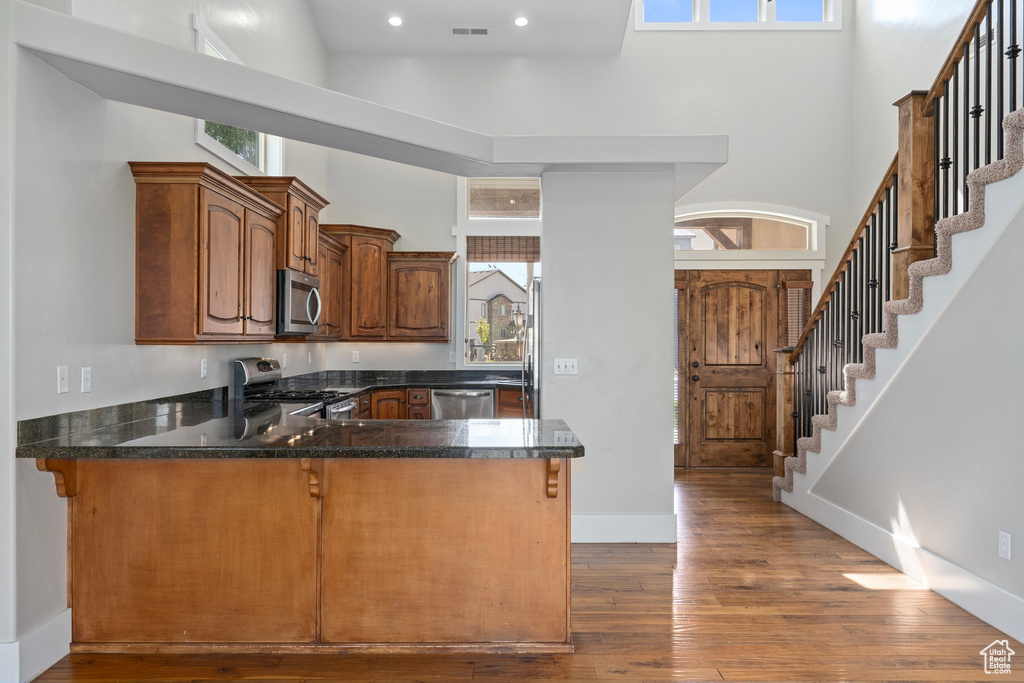 Kitchen featuring a high ceiling, appliances with stainless steel finishes, kitchen peninsula, and a healthy amount of sunlight