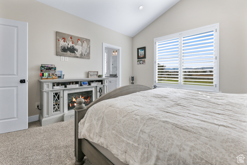 Carpeted bedroom featuring vaulted ceiling